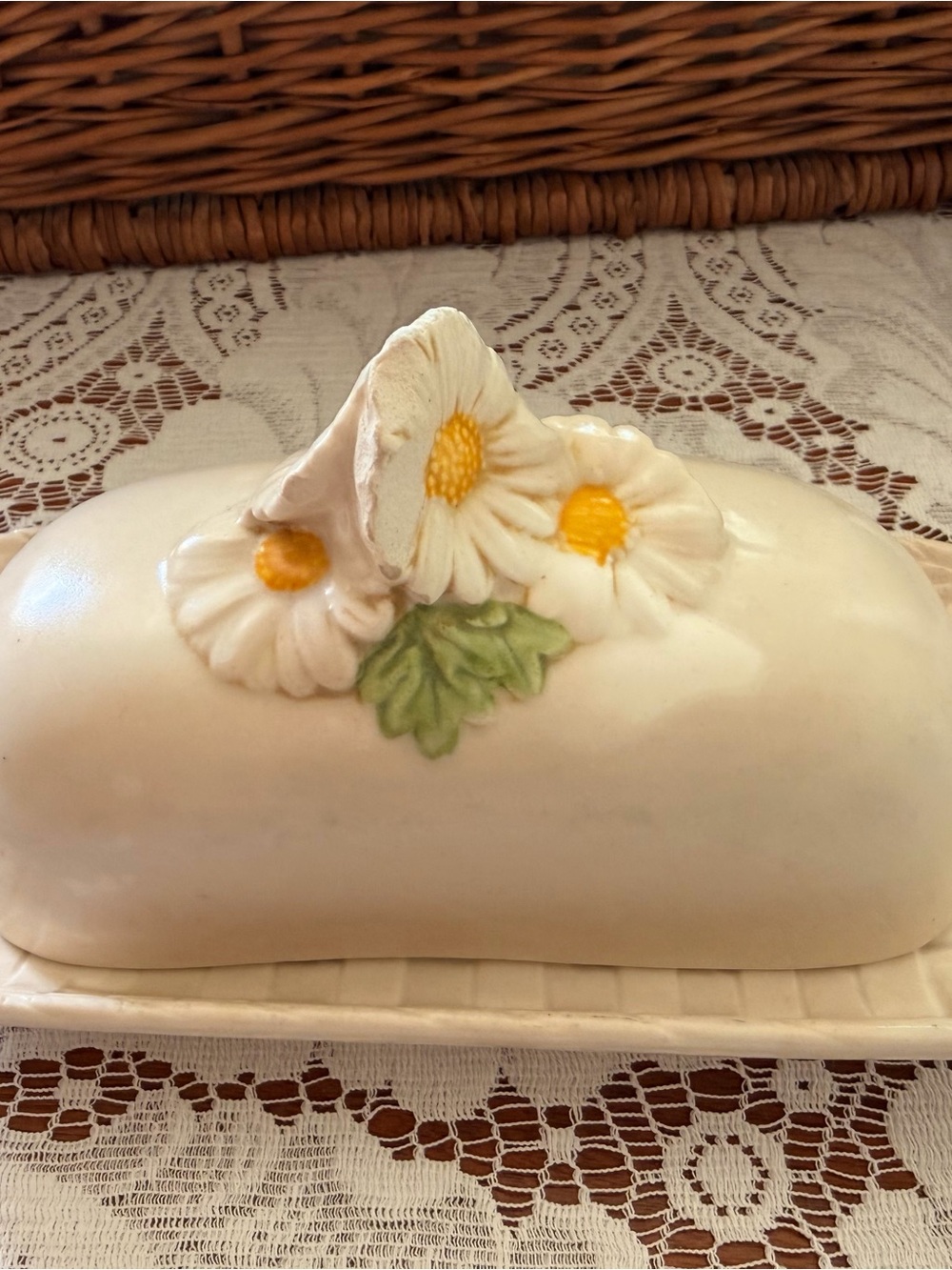 Vintage White Ceramic Daisy Butter Dish